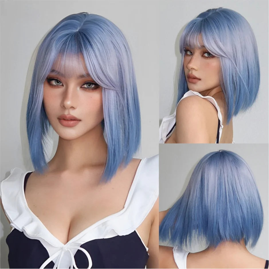 Short Black Brown Synthetic Natural Hair Wigs for Women Bob Straight Wig with Bangs High Temperature Daily Cosplay Party Wigs