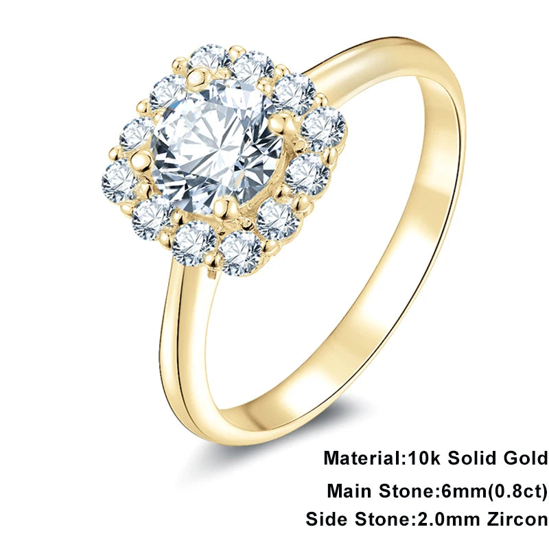 Lnngy Pure 10K Yellow Gold Rings Round Cut 6mm 0.8ct Moissanite Halo Engagement Ring for Women Ladies Charm Jewelry Gift