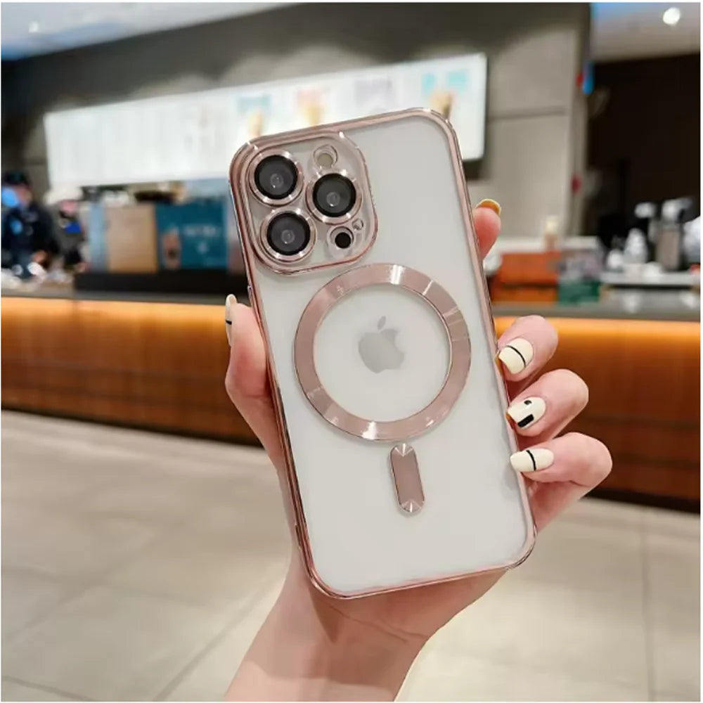 Fashion Plating Magnetic Soft Case Magsafe For iPhone 16 15 14 Plus 13 12 11 Pro Max Wireless Charging Case With Lens Protector