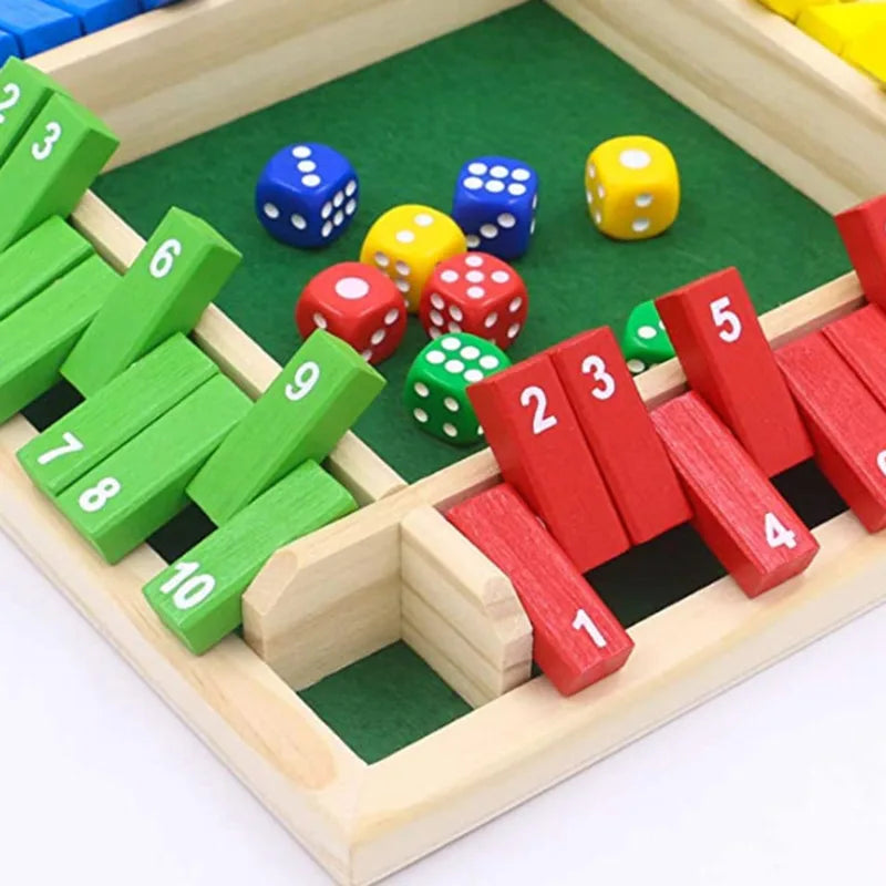 Deluxe Four Sided 10 Numbers Shut The Box Board Game Set Toy Dice Party Club Drinking Games for Adults Families