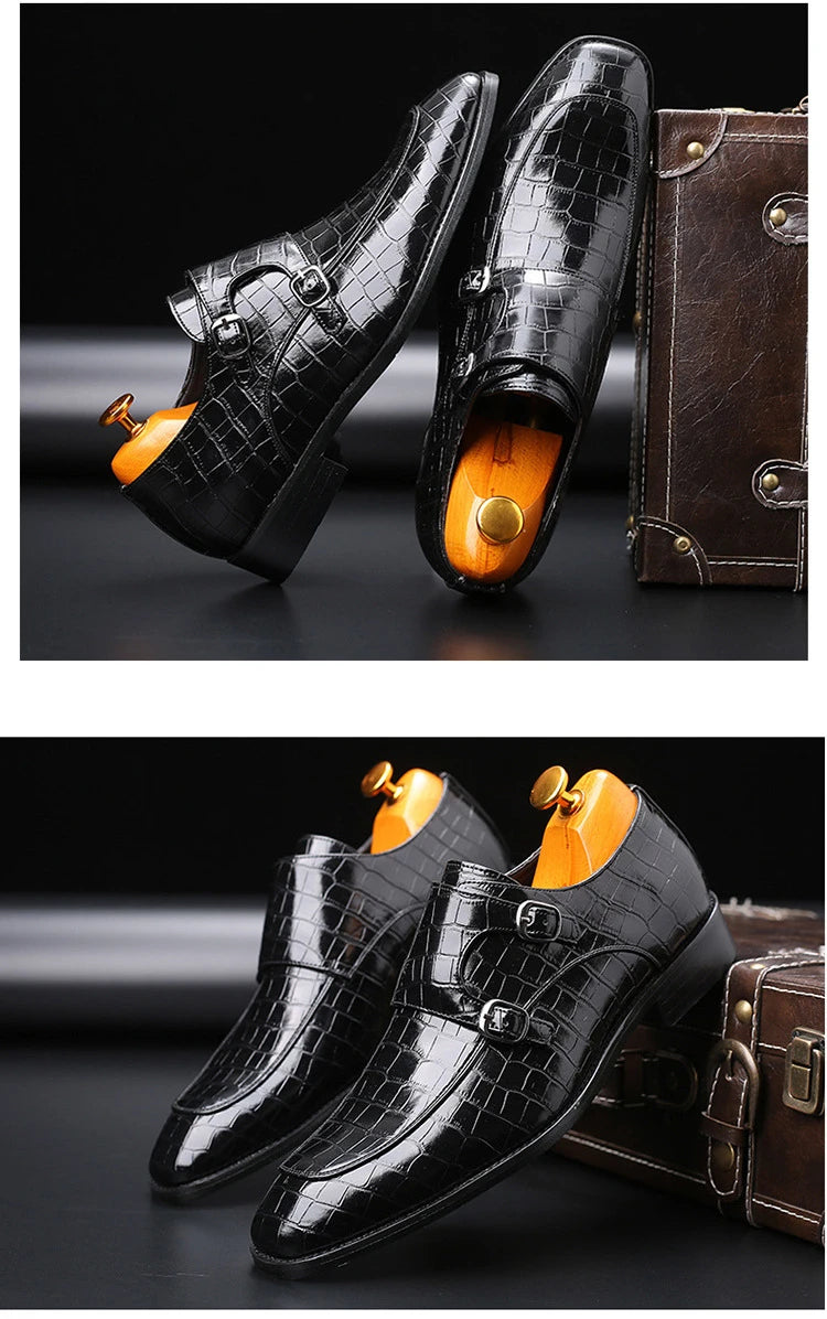 Luxury Men Dress Shoes Crocodile Grain Leather Shoes Men Buckle Casual Wedding Party Shoes High Quality Business Men Brogue Shoe