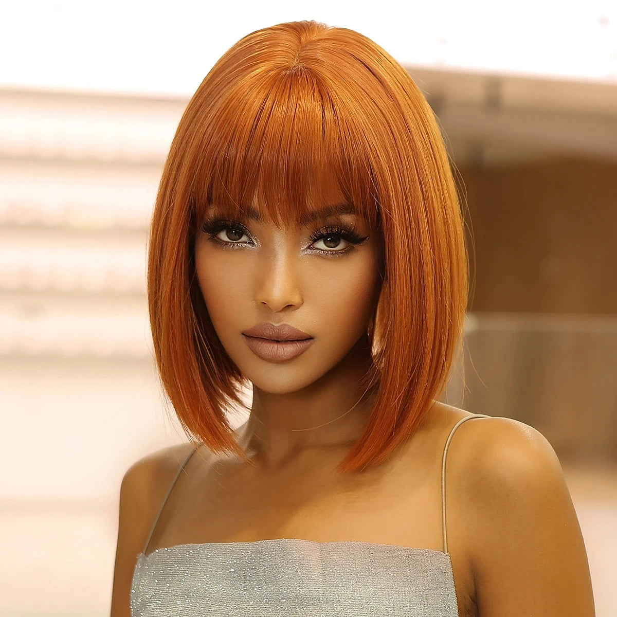 Short straight synthetic wig Ginger Brown Bob wig with straight bangs Ladies Cosplay daily natural high temperature silk wig
