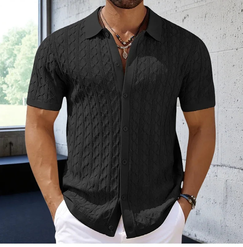 Men Solid Shirt Turn Down Collar Shirt Business Short Sleeve Blouses Knitted Single Breasted Loose Button Summer Cardigan