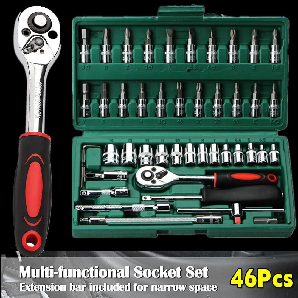 46pc 1/4 inch Drive Ratchet Socket Set Wrench Set with Sockets Metric Hex Bit Socket Set Repair Handing Tool Kits for Home Auto