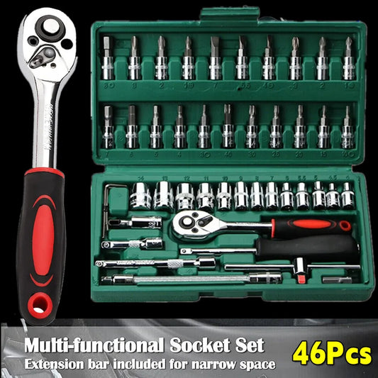 46pc 1/4 inch Drive Ratchet Socket Set Wrench Set with Sockets Metric Hex Bit Socket Set Repair Handing Tool Kits for Home Auto