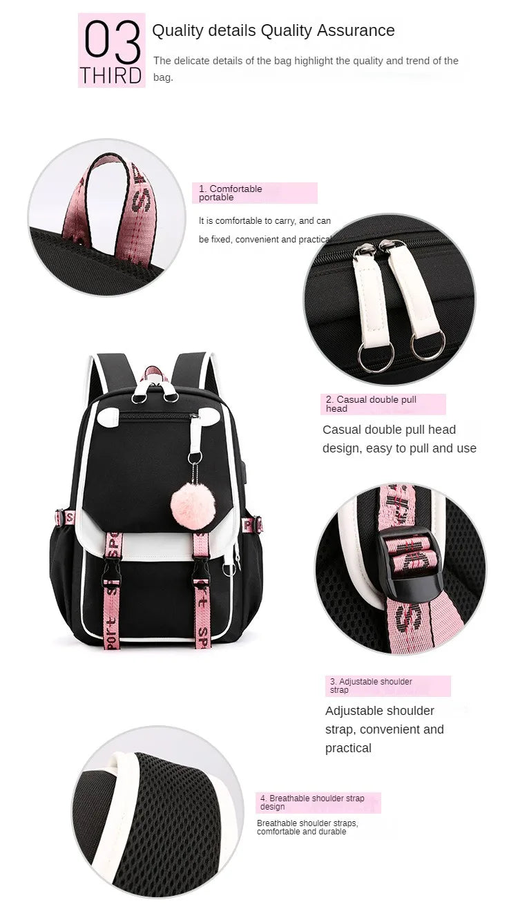 Large School Bags for Teenage Girls USB Port Canvas Schoolbag Student Book Bag Fashion Black Pink Teen School Backpack