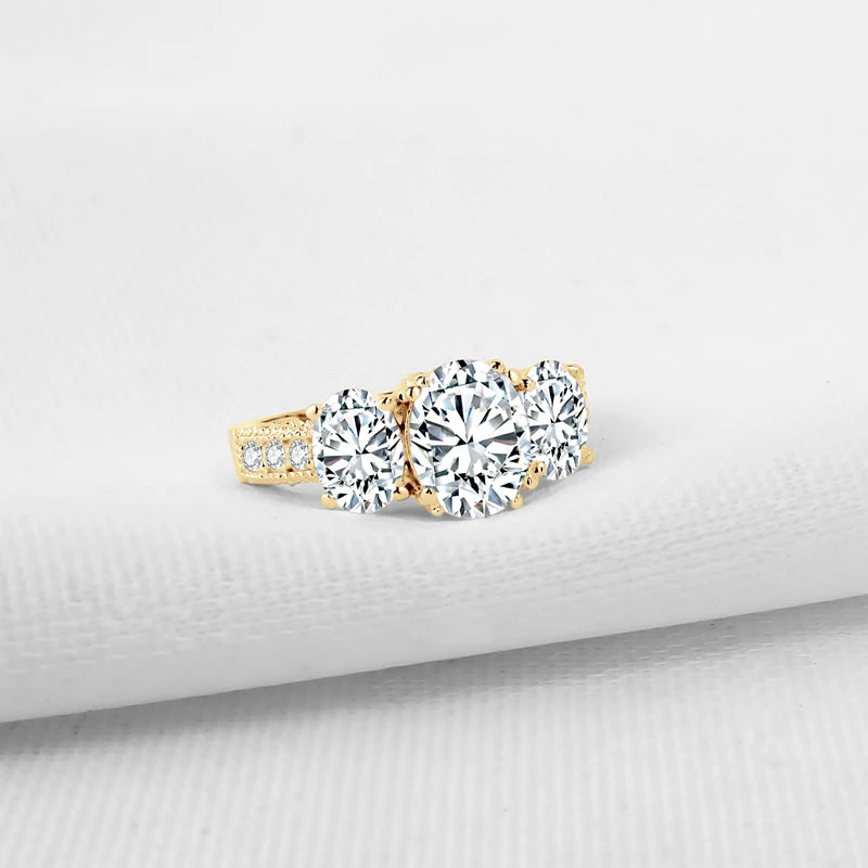 Lnngy Certified 2.0ct Oval Cut Three Stone Moissanite Ring 10K Solid Gold Rings for Lovers' Bridal Dazzling Wedding Jewelry