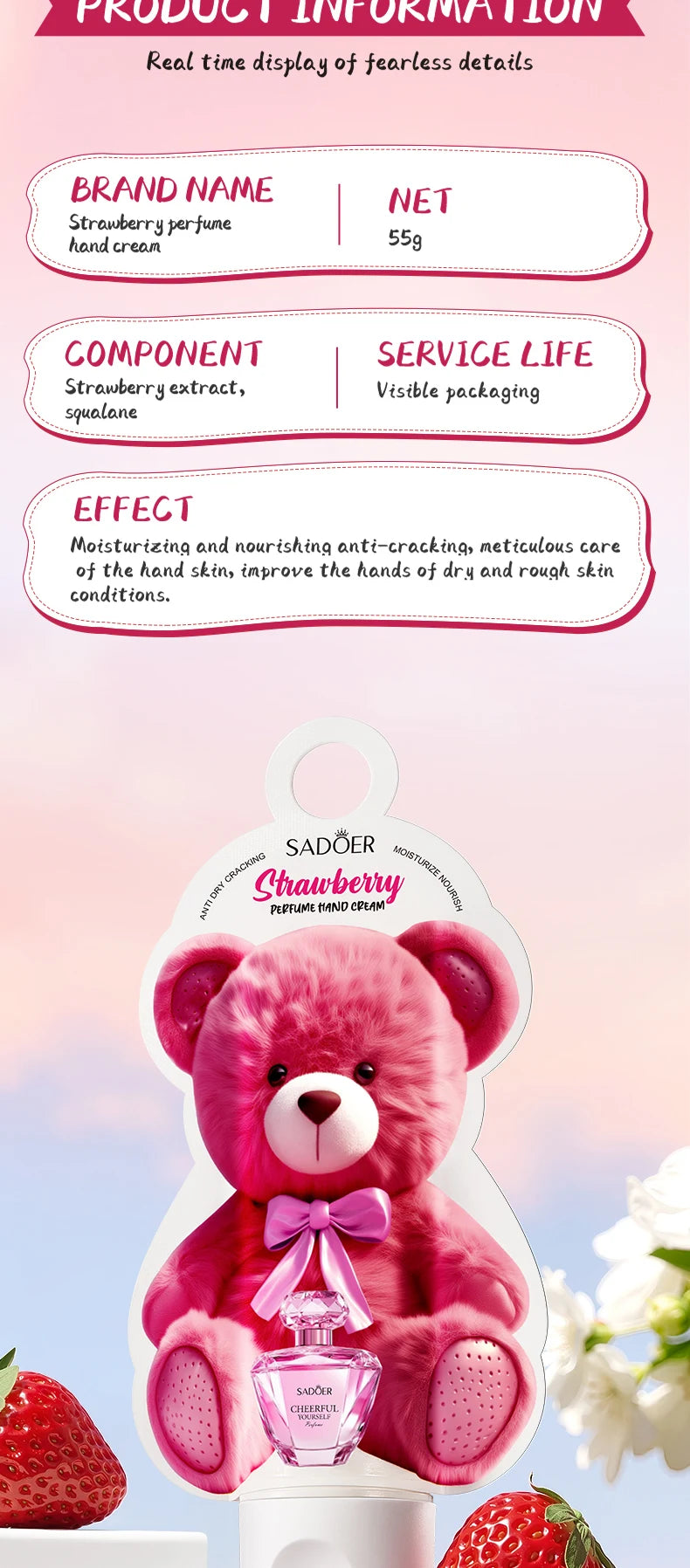 SADOER Strawberry Perfume Hand Cream Moisturizing Nourishing Anti Wrinkles Hydrating Cute Cartoon Hands Skin Care Prodcuts