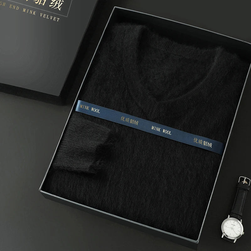 100% Pure Mink Cashmere Knitted Pullover Men's V-Neck Loose Large size Sweater Business Casual Warm Thick Bottoming Shirt Autumn