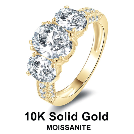 Lnngy Certified 2.0ct Oval Cut Three Stone Moissanite Ring 10K Solid Gold Rings for Lovers' Bridal Dazzling Wedding Jewelry