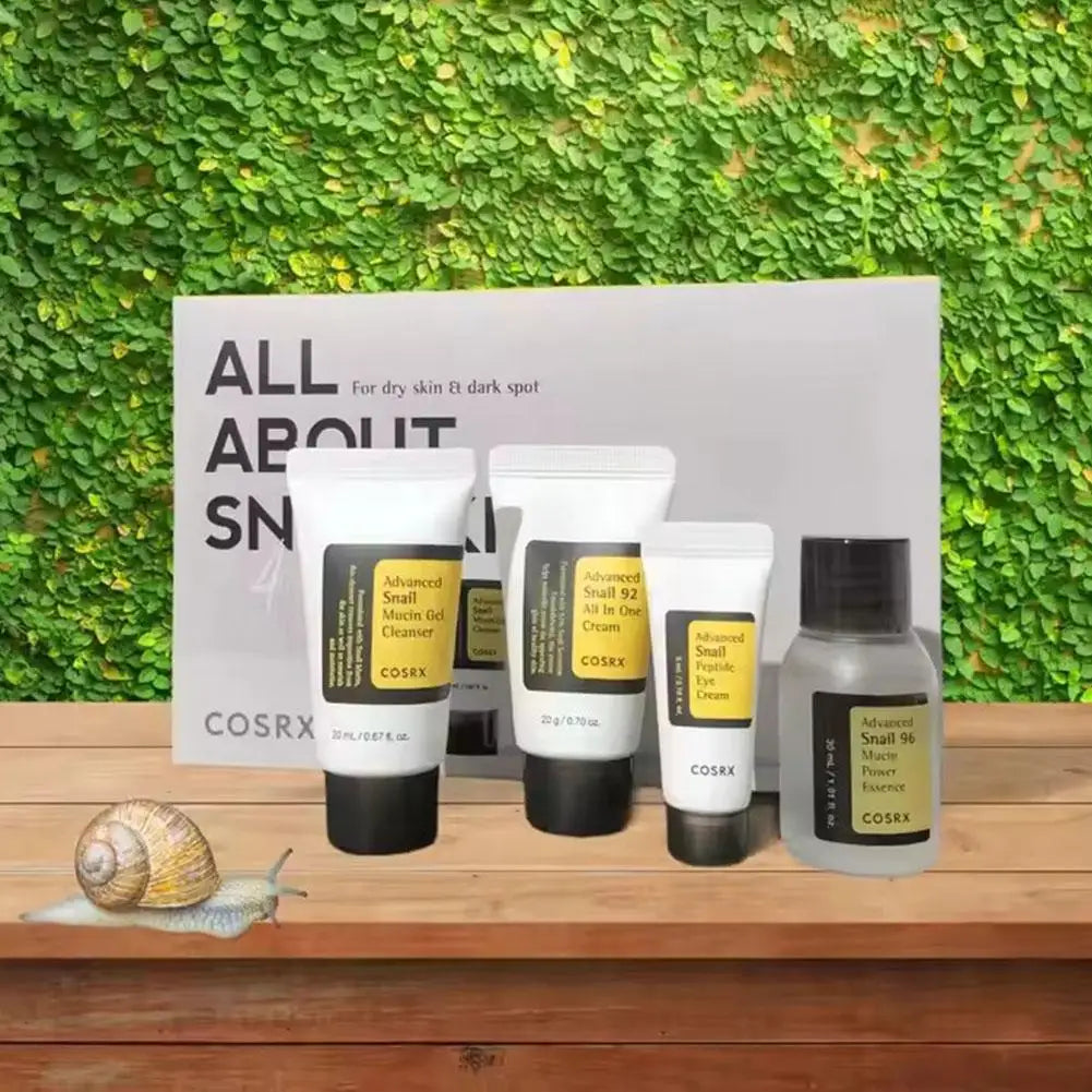 4-Piece Snail Mucin Skincare Set ✈️ Travel Size – Cleanser, 96 Power Essence, All-In-One Cream & Peptide Eye Cream | Korean Beauty
