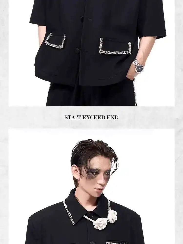 LUZHEN Luxury Elegant Diamond Patchwork Decorate Short Sleeve Big Lapel Shirts Men's 2025 Summer High Quality Casual Tops JY1575