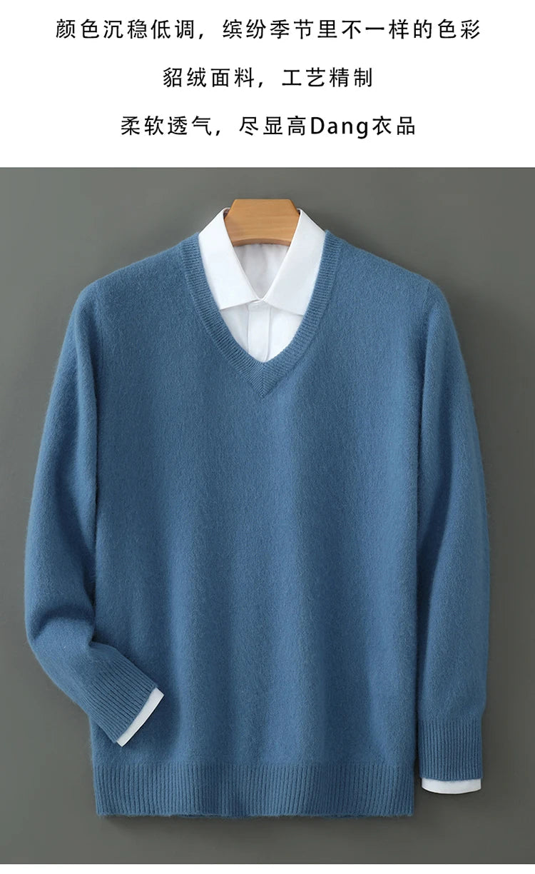 100% Pure Mink Cashmere Knitted Pullover Men's V-Neck Loose Large size Sweater Business Casual Warm Thick Bottoming Shirt Autumn