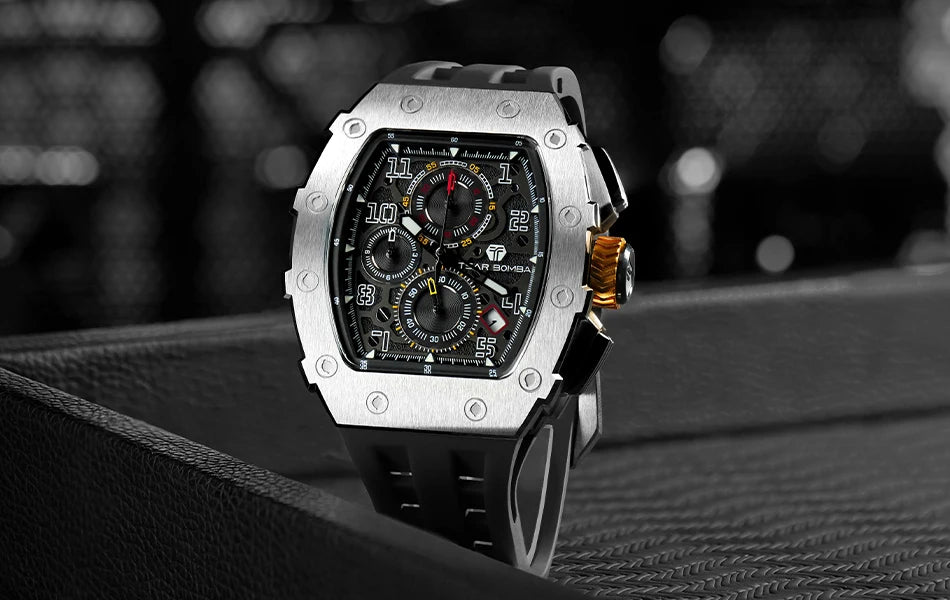TSAR BOMBA Tonneau Watches for Men Sapphire Quartz Wristwatch Fashion Timepiece 5ATM Waterproof Clock Luxury Mens Watch