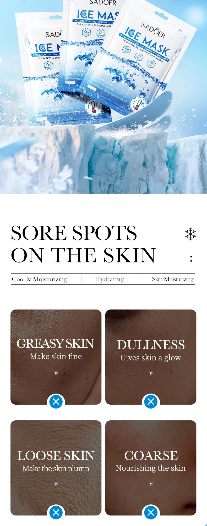 5pcs SADOER Ice Masks for Face Deep Hydrating Moisturizing Brightening Firming Face Mask Sheet Facial Masks Beauty Skin Care