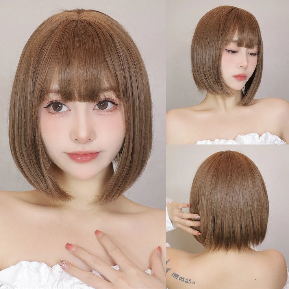 Short Black Brown Synthetic Natural Hair Wigs for Women Bob Straight Wig with Bangs High Temperature Daily Cosplay Party Wigs