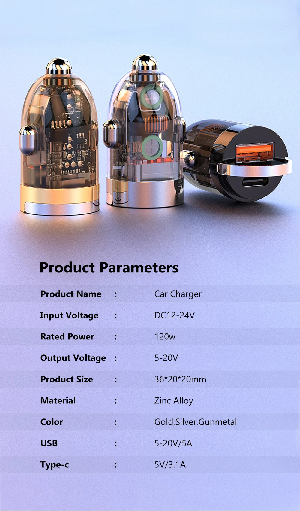 120W Transparent Invisible Pull Ring Car Charger USB Type C Fast Charging QC3.0 PD Phone Charger for iPhone Xiaomi Samsung