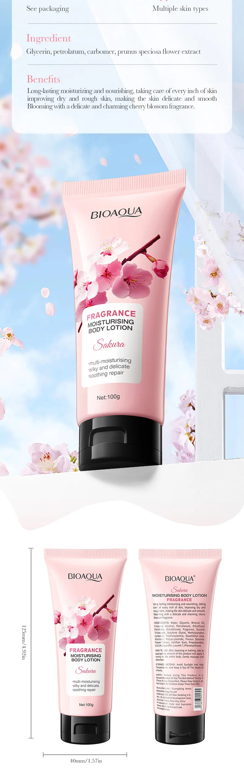 100g BIOAQUA Sakura Fragrance Body Lotion Moisturizing Nourishing Brightening Hydrating Leg Arm Back Body Cream Whole Skin Care