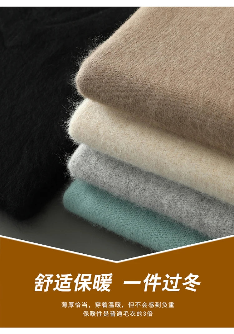 100% Pure Mink Cashmere Knitted Pullover Men's V-Neck Loose Large size Sweater Business Casual Warm Thick Bottoming Shirt Autumn