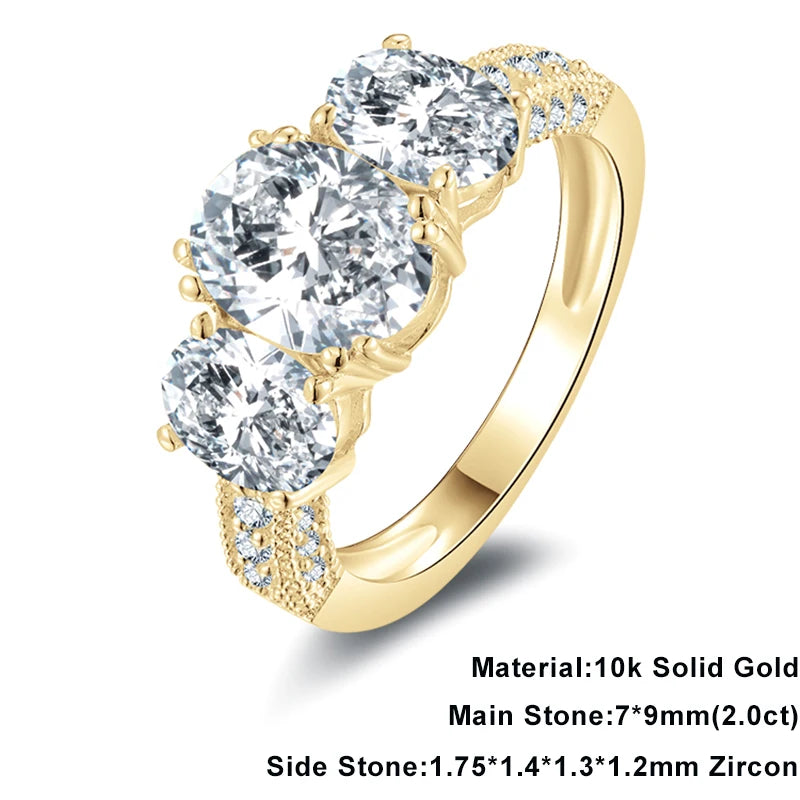 Lnngy Certified 2.0ct Oval Cut Three Stone Moissanite Ring 10K Solid Gold Rings for Lovers' Bridal Dazzling Wedding Jewelry