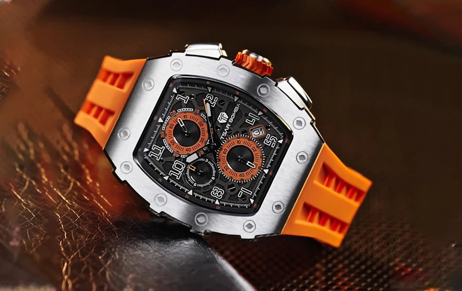TSAR BOMBA Tonneau Watches for Men Sapphire Quartz Wristwatch Fashion Timepiece 5ATM Waterproof Clock Luxury Mens Watch