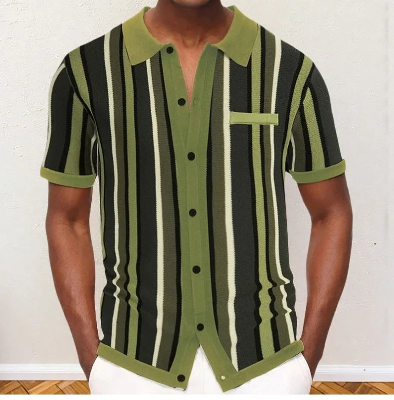 Polo Collar Striped Shirts Knitted Shirt Short Sleeve Single Breasted Casual Shirt Cardigan Loose Fit 2025 Spliced Pockets