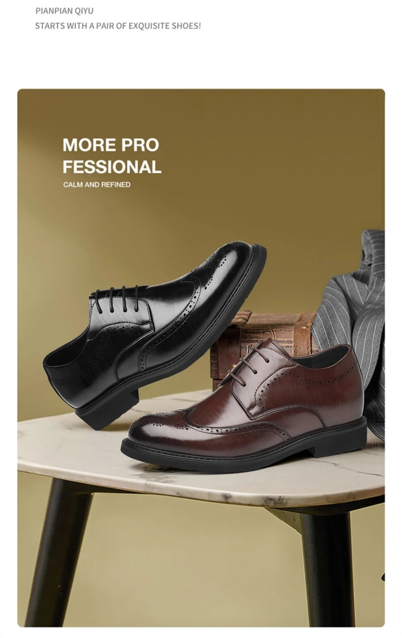 Men's Dress Brogues Elevator Shoes Platform Breathable Casual Business Luxury Genuine Leather Heightening Shoes 6 8CM Taller Man