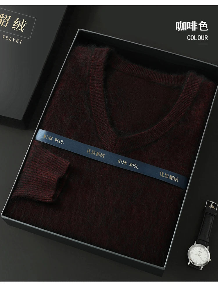 100% Pure Mink Cashmere Knitted Pullover Men's V-Neck Loose Large size Sweater Business Casual Warm Thick Bottoming Shirt Autumn