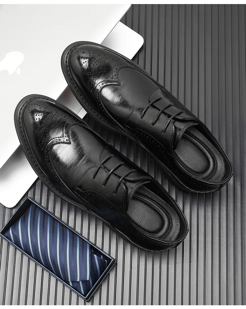 Men's Dress Brogues Elevator Shoes Platform Breathable Casual Business Luxury Genuine Leather Heightening Shoes 6 8CM Taller Man