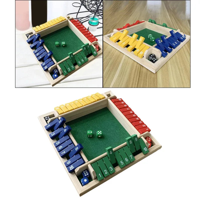 Deluxe Four Sided 10 Numbers Shut The Box Board Game Set Toy Dice Party Club Drinking Games for Adults Families