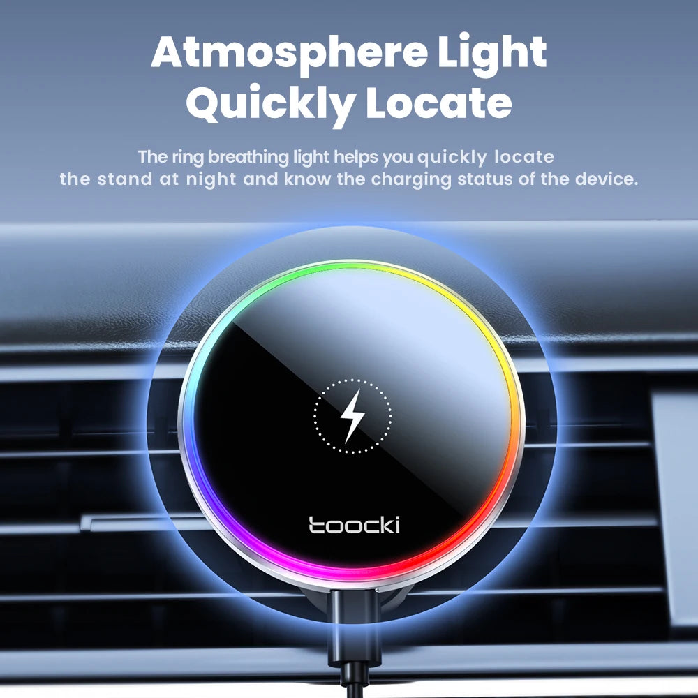 Toocki RGB Magnetic Car Phone Holder 15W Wireless Charger Car For iPhone 15 14 13 Pro Max Samsung Phone Car Charger Holder Stand