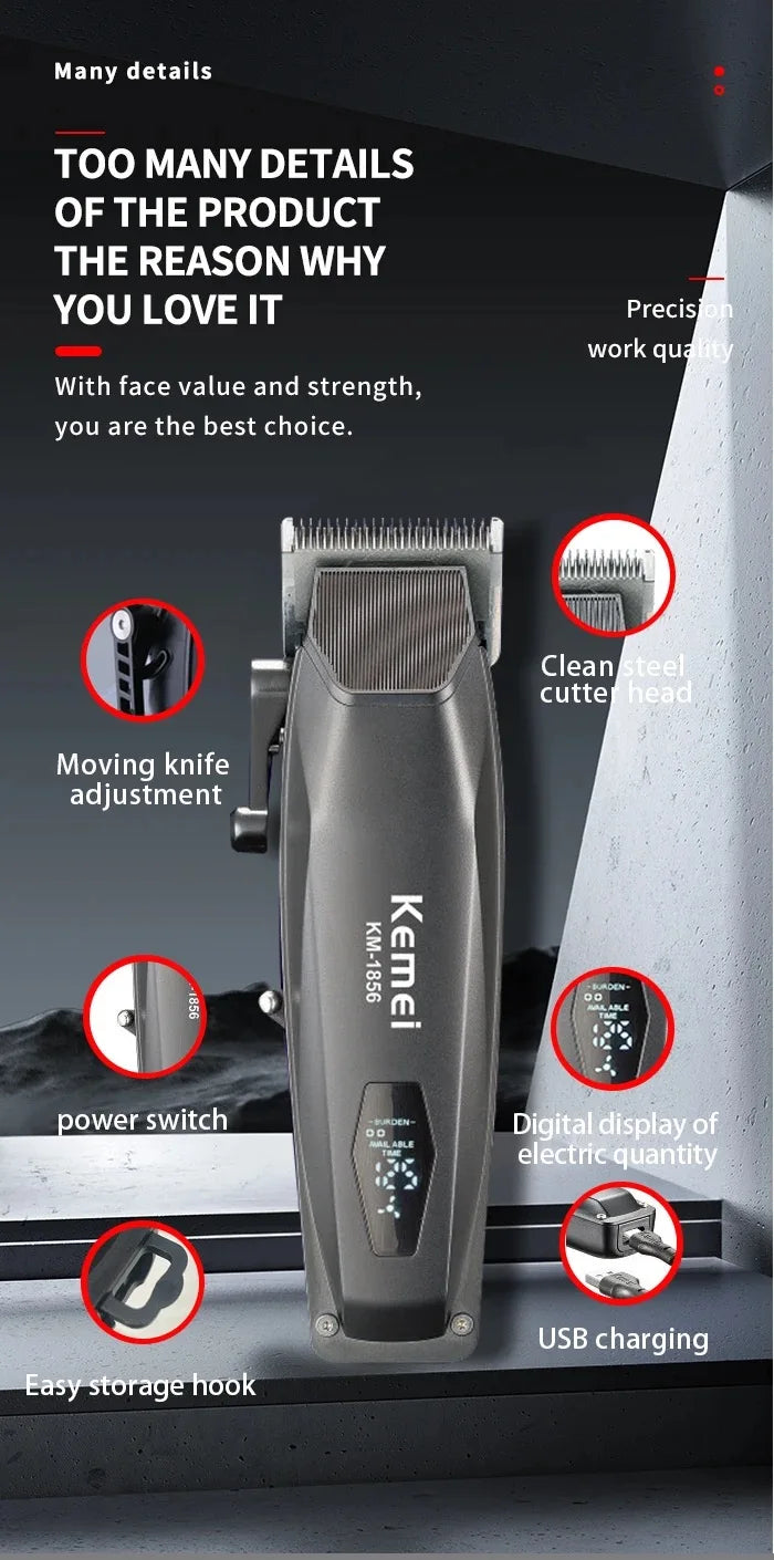 Kemei Professional Barber Hair Clippers USB Rechargeable Cordless Hair Trimmer Powerful Hair Cutting Grooming Machine for Men