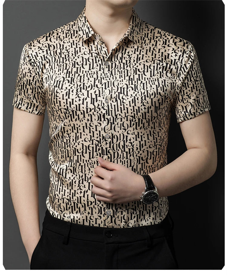 Mulberry Silk 100% Print Dress Men Shirt Short Sleeve Casual Icy Summer Quality Smooth Comfortable Regular Fit Camisas De Hombre