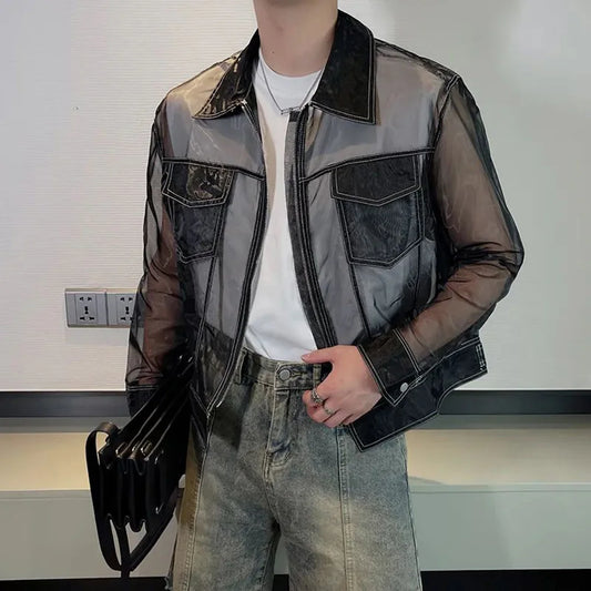 Summer Trendy Men Transparent Sunscreen Jacket Fashion Sexy Mesh Long Sleeve Lapel Top Solid Streetwear Zipper Coat LGBT Clothes