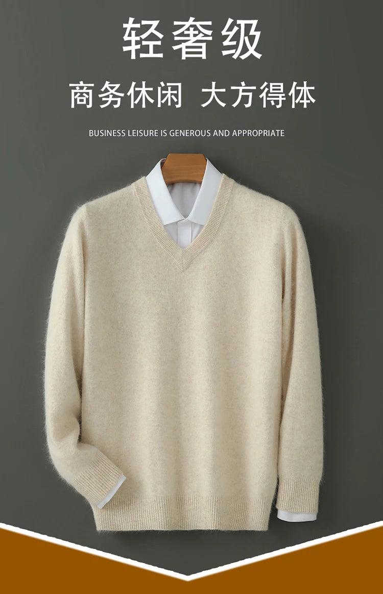 100% Pure Mink Cashmere Knitted Pullover Men's V-Neck Loose Large size Sweater Business Casual Warm Thick Bottoming Shirt Autumn