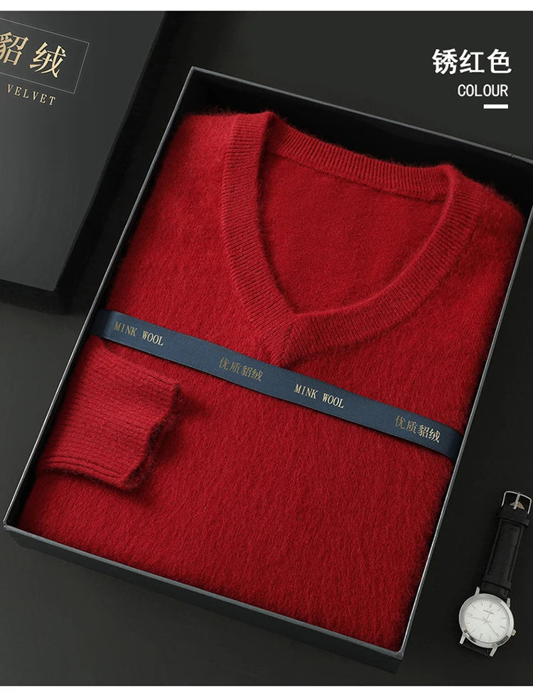 100% Pure Mink Cashmere Knitted Pullover Men's V-Neck Loose Large size Sweater Business Casual Warm Thick Bottoming Shirt Autumn