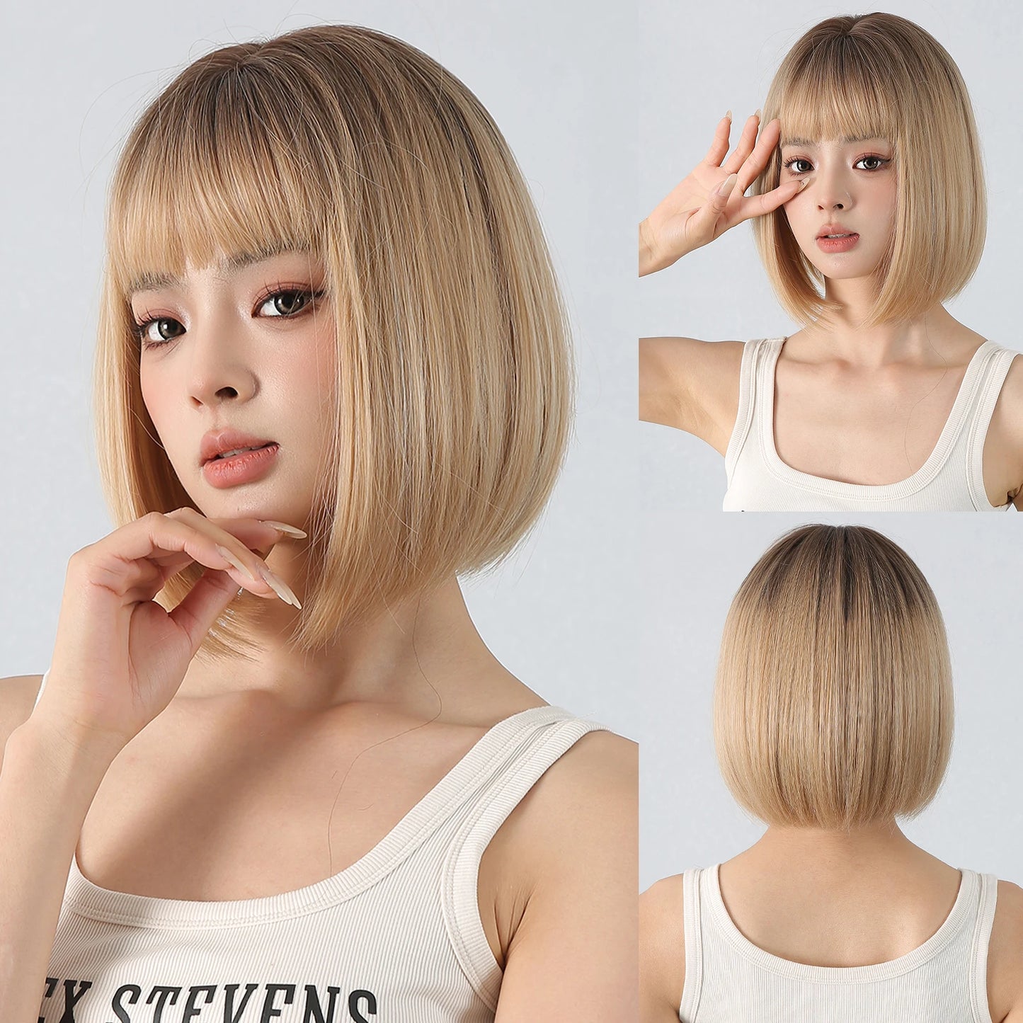 Short Black Brown Synthetic Natural Hair Wigs for Women Bob Straight Wig with Bangs High Temperature Daily Cosplay Party Wigs