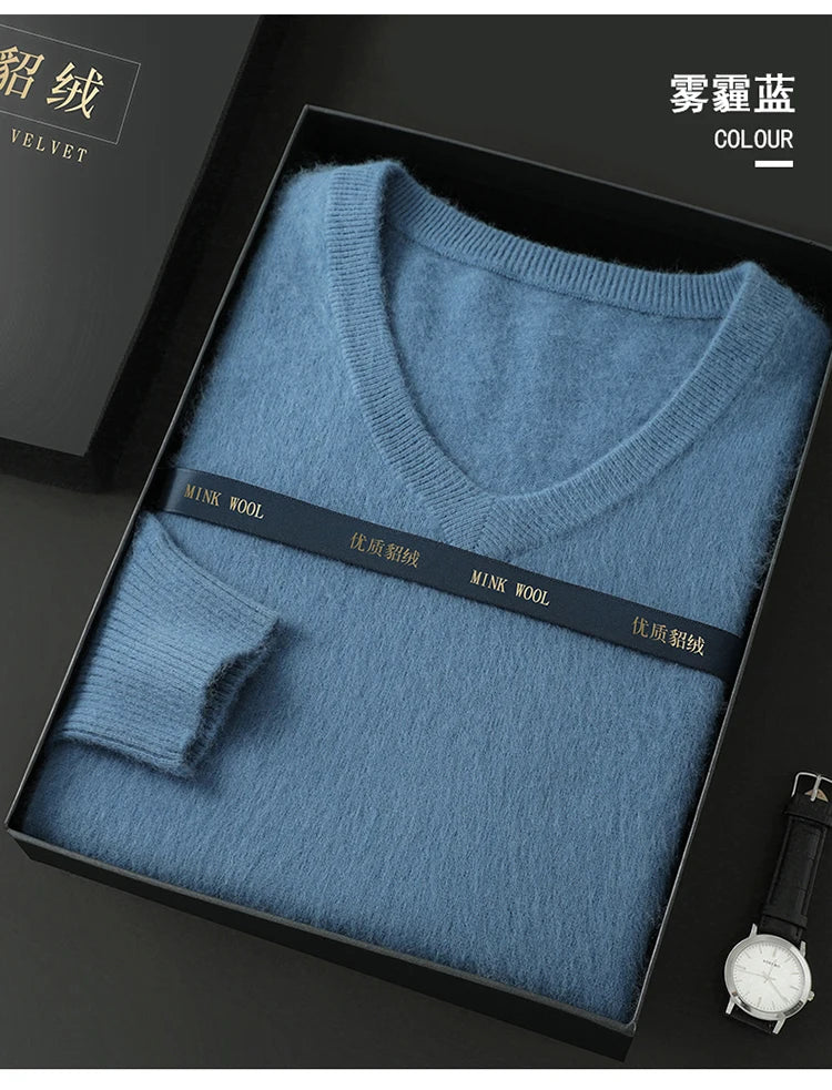 100% Pure Mink Cashmere Knitted Pullover Men's V-Neck Loose Large size Sweater Business Casual Warm Thick Bottoming Shirt Autumn