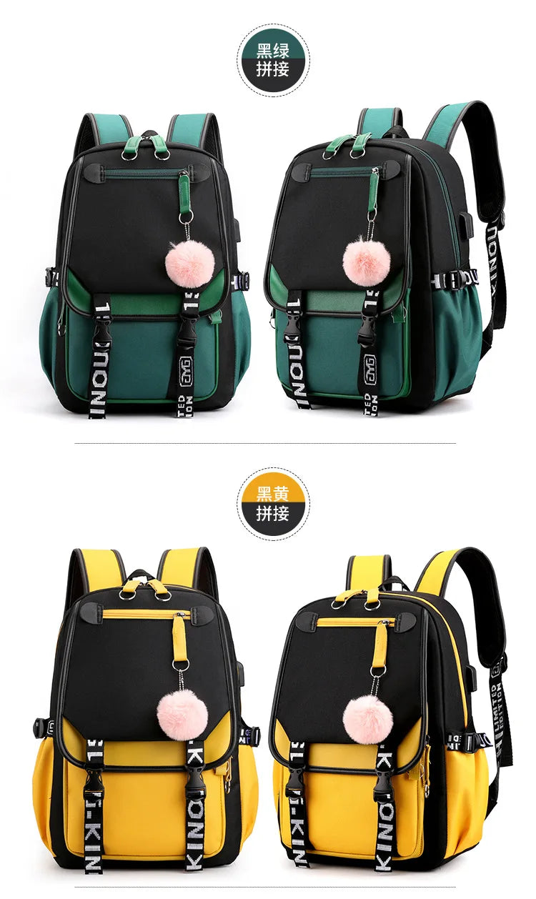 Large School Bags for Teenage Girls USB Port Canvas Schoolbag Student Book Bag Fashion Black Pink Teen School Backpack