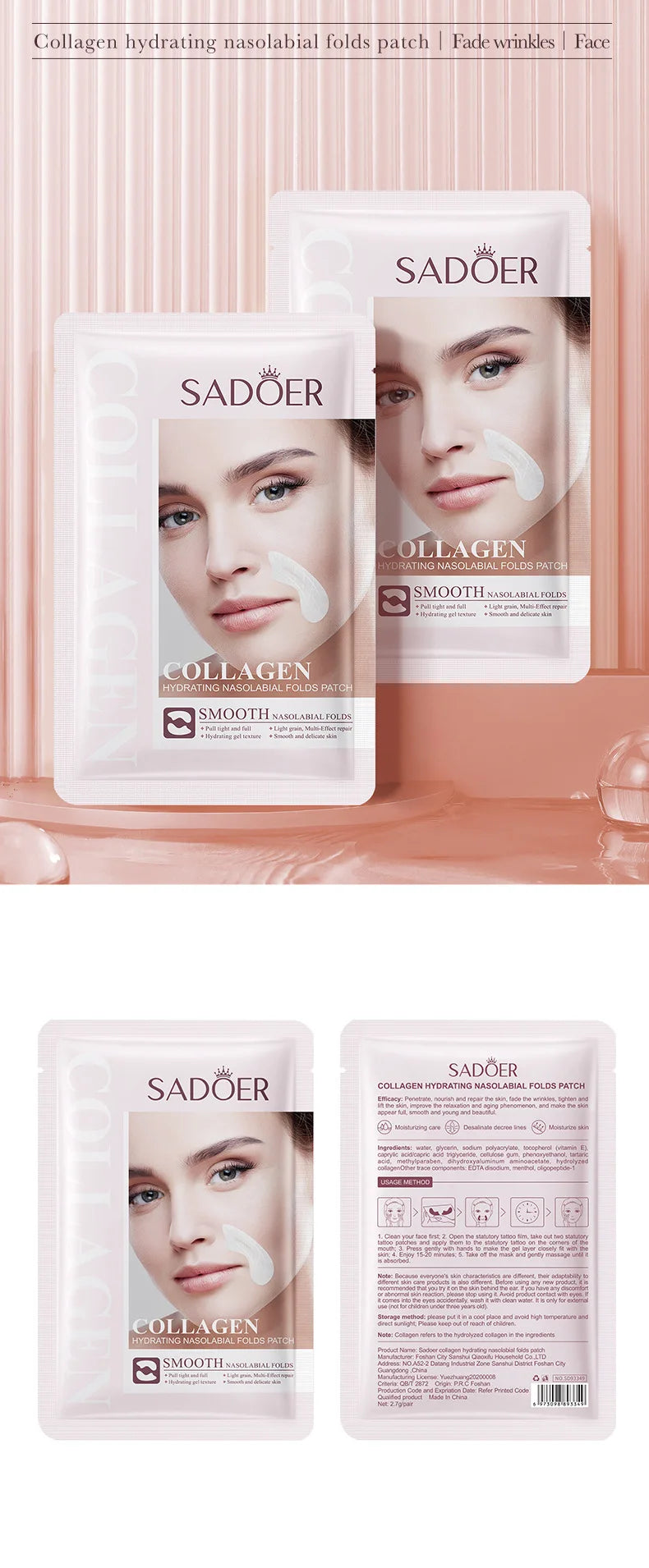 10pcs SADOER Hyaluronic Acid Collagen Face Mask For Forehead Eyes Cheek Moisturizing Firming Hydrating Facial Patches Skin Care