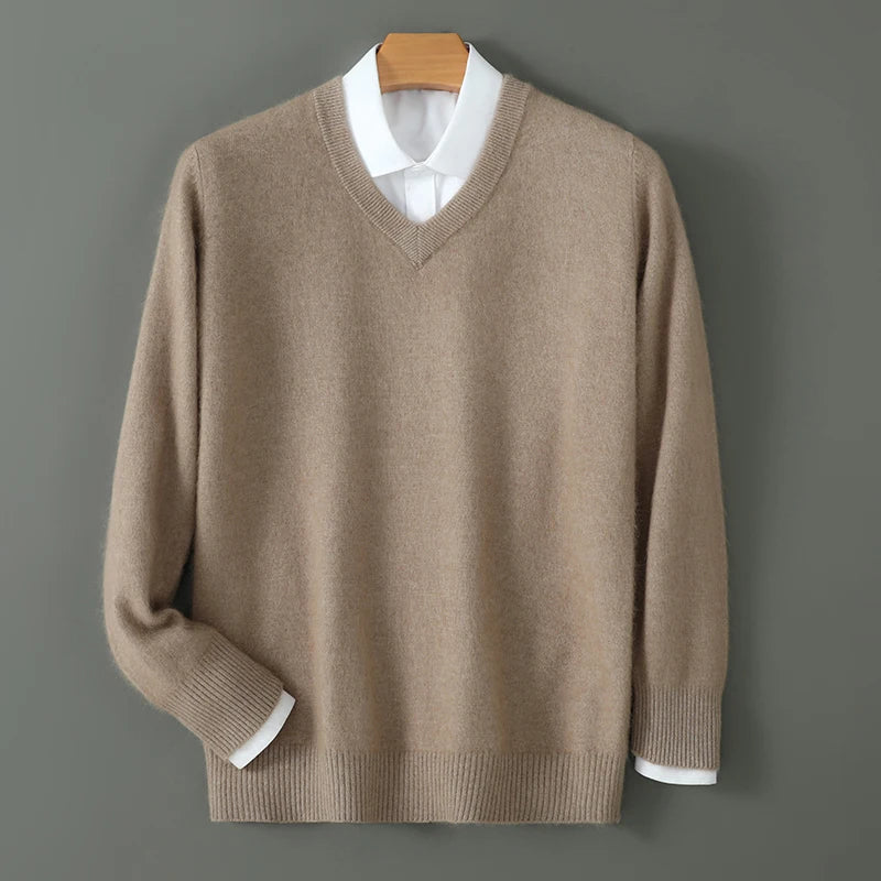 100% Pure Mink Cashmere Knitted Pullover Men's V-Neck Loose Large size Sweater Business Casual Warm Thick Bottoming Shirt Autumn