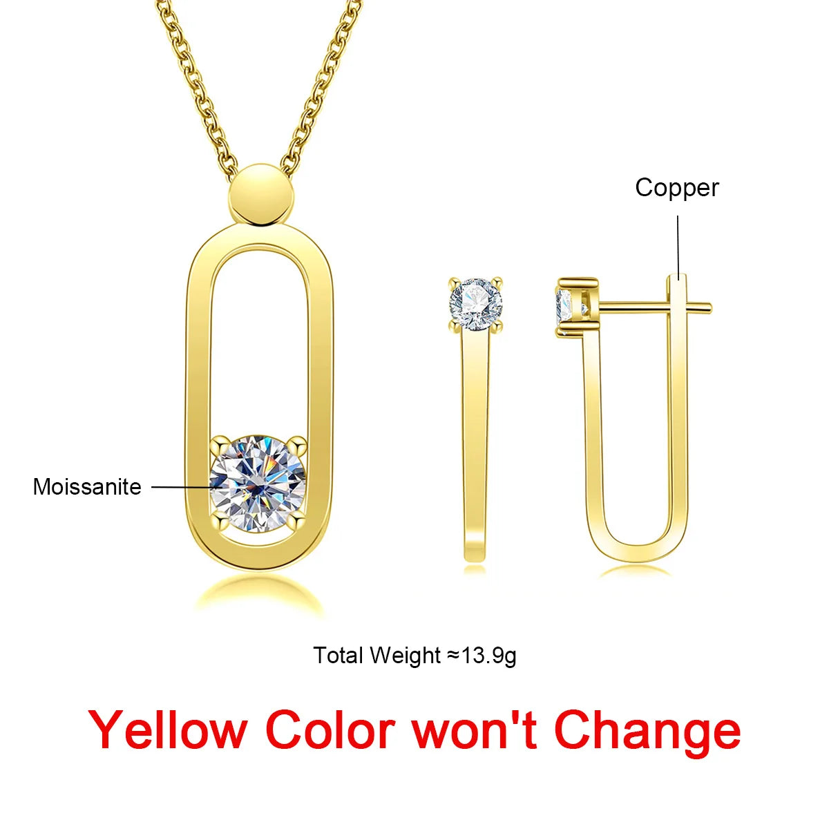 AnuJewel 2ct D Color Moissanite Pin Necklace Yellow Gold Plated Moissanite Pin Earrings Wedding Jewelry Set Gifts For Women