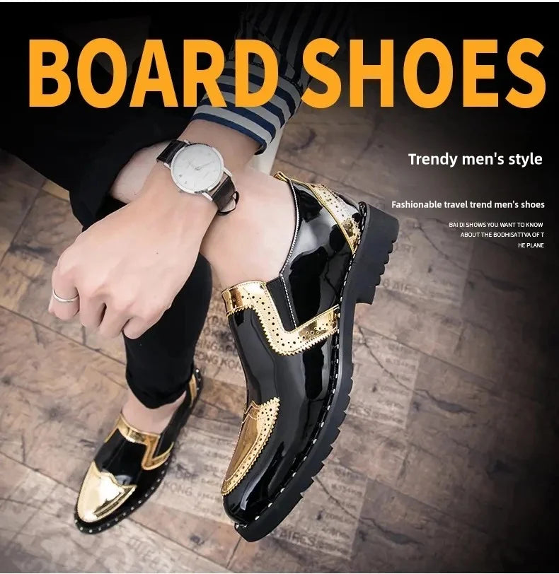 Fashionable Formal Men Shoes Lightweight Outdoor Loafers Thick Soled Wear-resistant Leather Shoes Black Gold andSilverSizes38-48