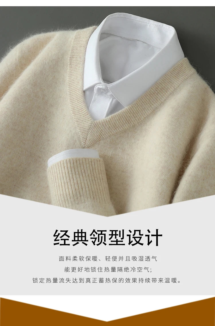 100% Pure Mink Cashmere Knitted Pullover Men's V-Neck Loose Large size Sweater Business Casual Warm Thick Bottoming Shirt Autumn