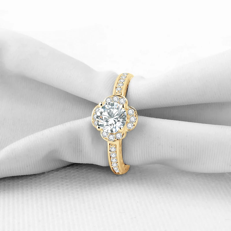 Lnngy 10K Solid Gold Flower Shape Rings Certified 0.8ct Round Cut Moissanite Wedding Ring for Women Romantic Dazzling Jewelry
