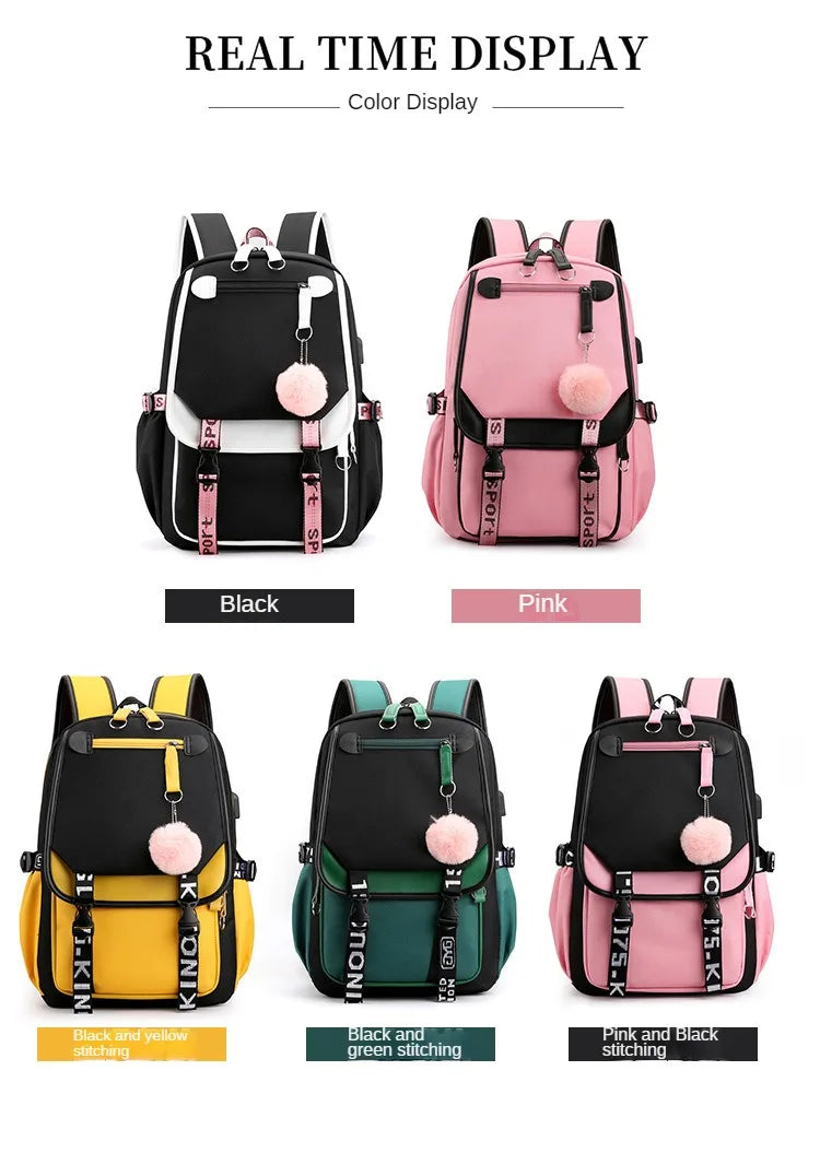 Large School Bags for Teenage Girls USB Port Canvas Schoolbag Student Book Bag Fashion Black Pink Teen School Backpack