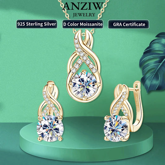 Anziw 8mm 2.0CT D Moissanite Jewelry Sets 925 Sterling Silver Luxury Infinity Necklace Earrings for Women Wedding Party Jewelry