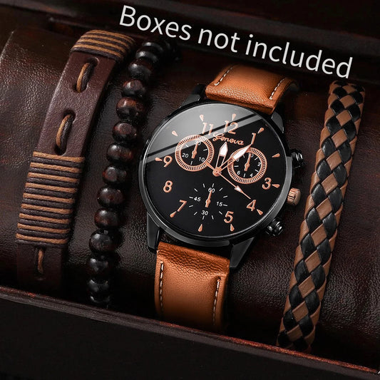 4PCS Fashion Men Business Watches Arabic Dial Quartz Watch Casual Leather Band Wristwatches Vintage Bracelets Set（Without Box）
