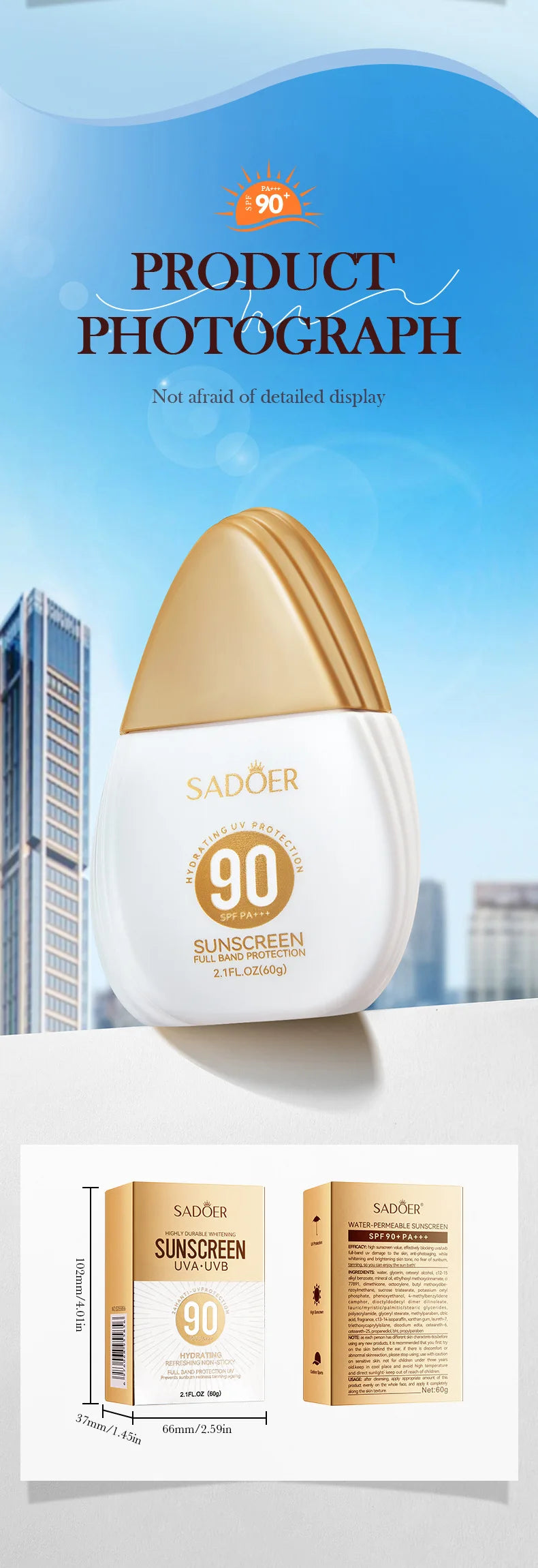 SADOER Spf 90+ Sunscreen for Face Body Sun Block Creams Solar Blocker Refreshing Non Greasy UV Resistant Facial Sunscreen