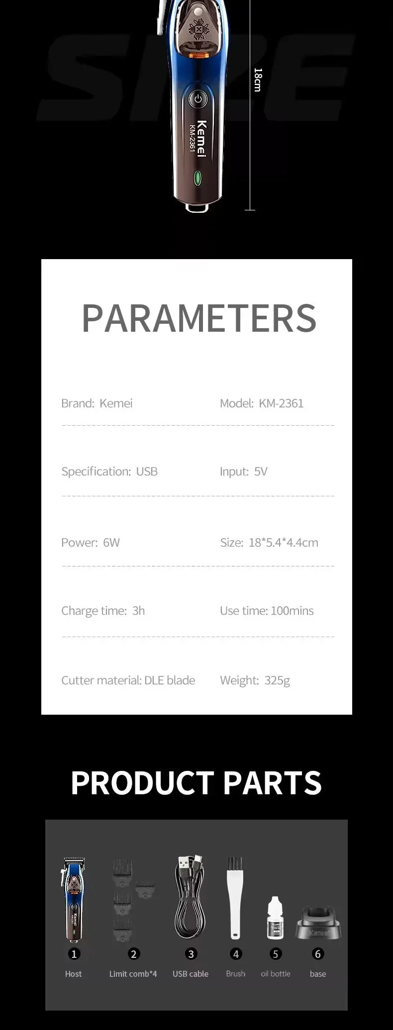Kemei Trimmer Professional Hair Clipper Adjustable With Charging Base Haircut Machine 10000 RPM Trimer for Men KM-2361